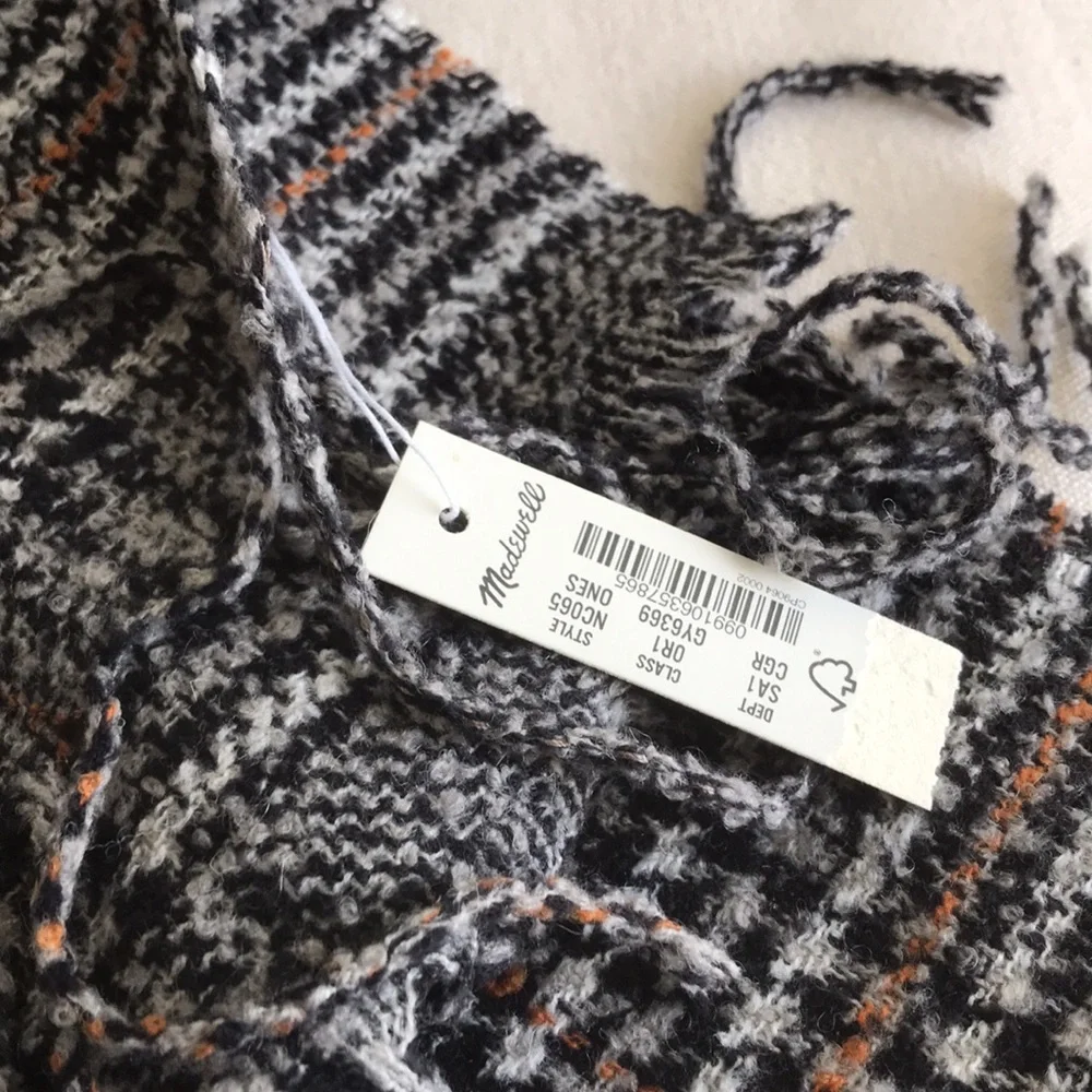 NWT Madewell Menswear tweed pattern plaid scarf grey black Menswear Plaid Scarf